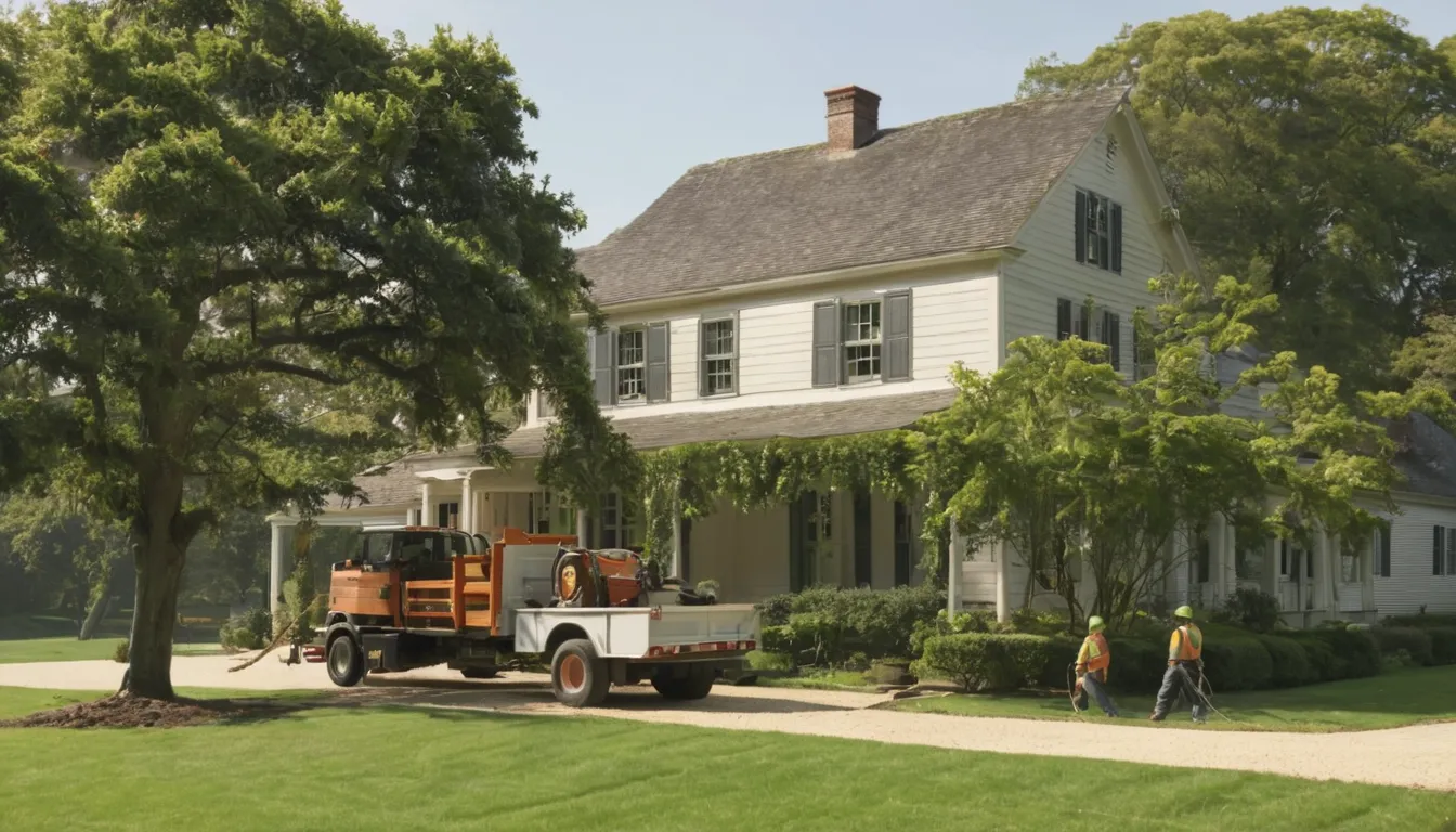 A local provider safely lowering a large tree limb beside a suburban colonial home in Haymarket