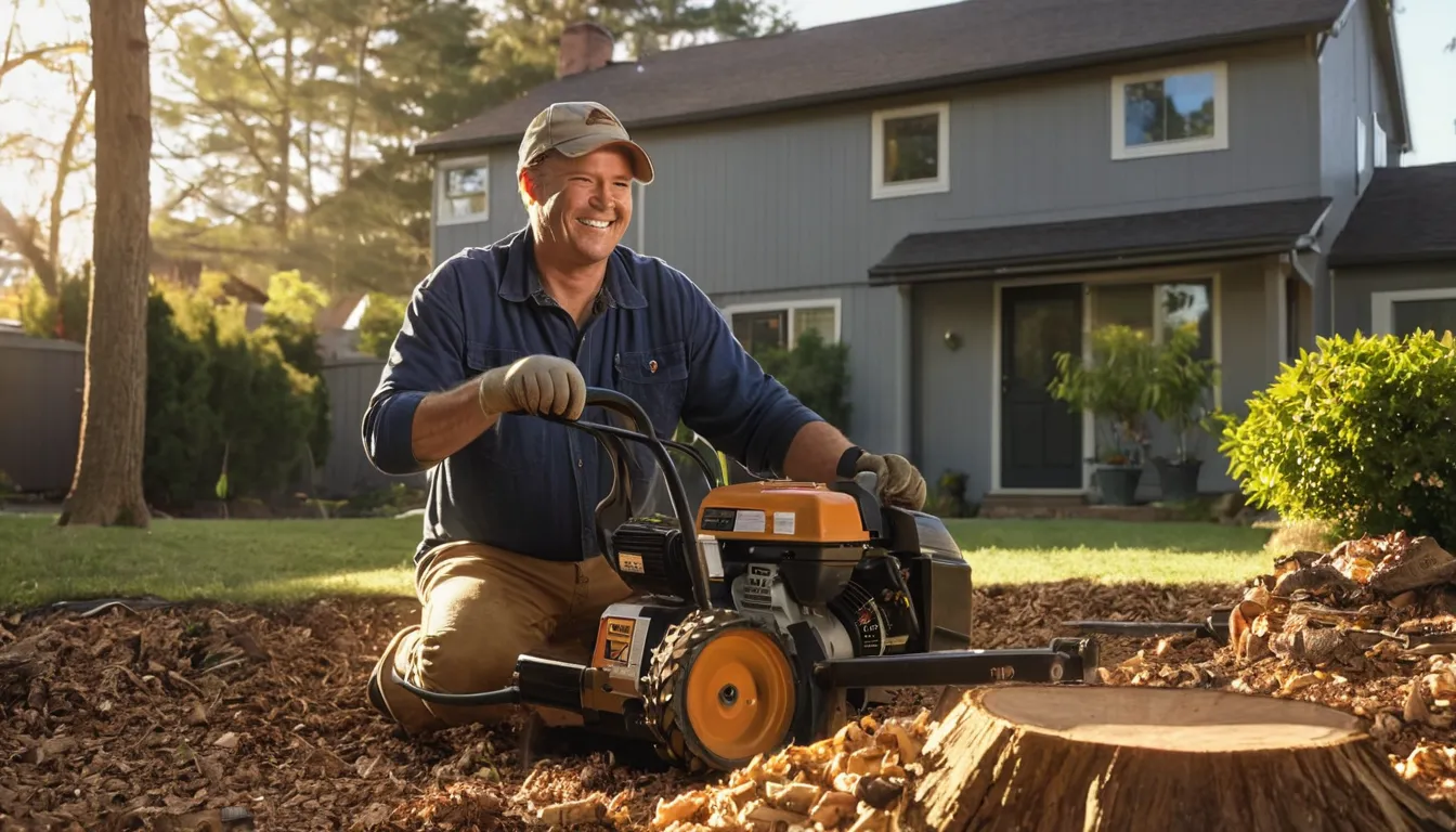 Tree stump grinding in a backyard near Haymarket